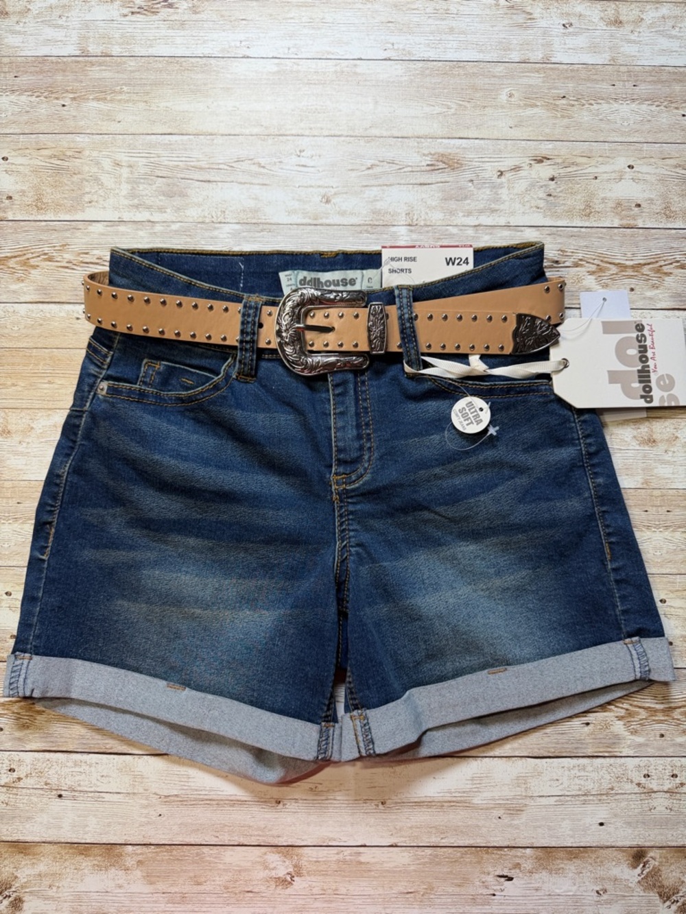 Waist 24 Dollhouse Dark Blue Denim Roll-Cuff Shorts with Tan Studded Belt